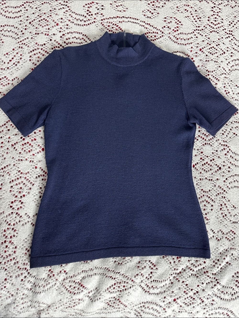 St John Collection Women's Navy Short Sleeve Mock Neck Top Small
